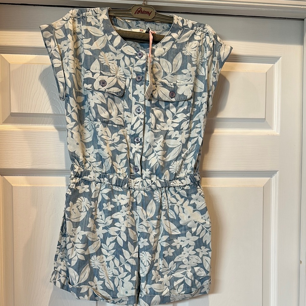 Vineyard Vines Light Blue and Cream Leaf Print Romper